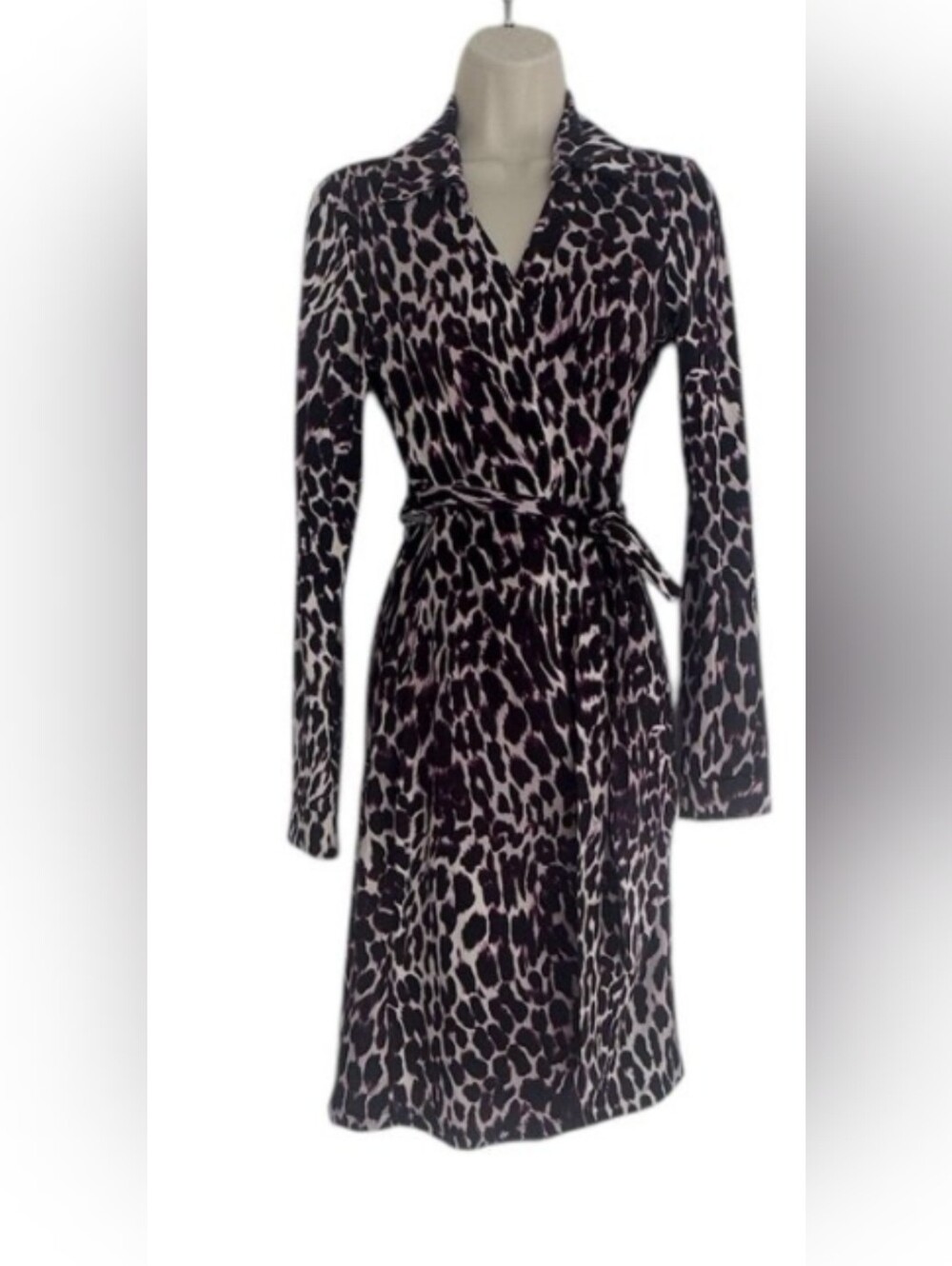 Boston Proper Black Purple and Cream Leopard Print Wrap Dress M